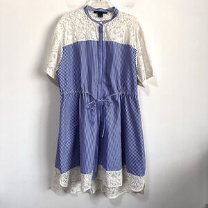 French Connection Adena Dress 10 Blue Stripe Lace‎ Short Sleeve Button Front